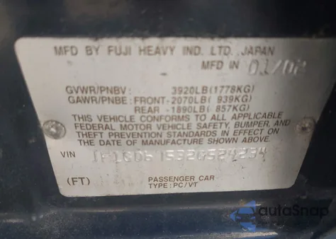 2002 Subaru Impreza 2.5Rs from USA, damaged, VIN JF1GD67532G524234